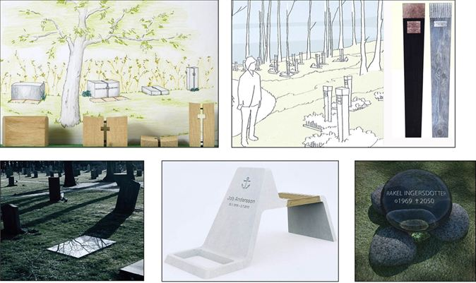 Finalisterna i designtävlingen Fem finalister, från Umeå i norr till Malmö i söder, har utsetts av juryn i designtävlingen Måste en gravsten vara av sten?