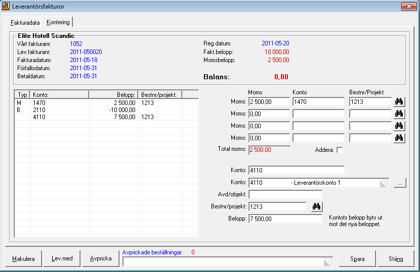 Hotell i Sverige En hotellfaktura kommer, den registreras med 10,000 kronor varav 2,500 kronor är moms. Kopplingen av leverantörsfakturan till projektet görs på flik 2 där man konterar alla kostnader.