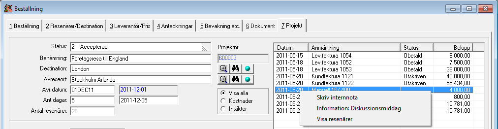 Högerklickar man på någon transaktion i sammanställningsrutan kan man bl.a. välja att se information om aktuell transaktion.