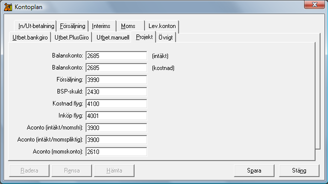 Kontoplan I kontoplanen måste ett antal konton matas in specifikt för projekthanteringen. Balanskonto Ange ett balanskonto för öppna/pågående projekt.