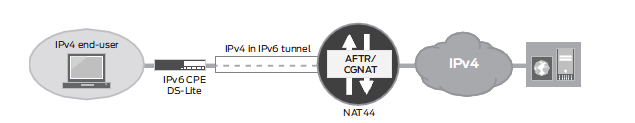 tillgång till IPv4 noder från IPv6 noder. Fördelen med DS-Lite är att tekniken kombinerar utrullningen av IPv6 med delning av IPv4 adresser, vilket uppmuntrar industrin att börja röra sig mot IPv6.