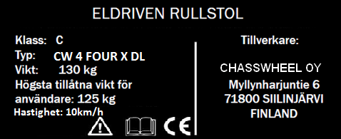 1.4 VIKTIGA SYMBOLER & ETIKETTER PÅ RULLSTOLEN Identifieringsskyltar, belägna på chassits vänstra sida Rullstolens klassifikation Maximal säker