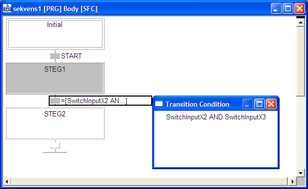 Övergång i ST-kod Övergångsvillkor kan skrivas i Strukturerad Text (ST) som en Transition Condition Skapa ny övergång med menyval: Tool - Edit Transition Condition 2.