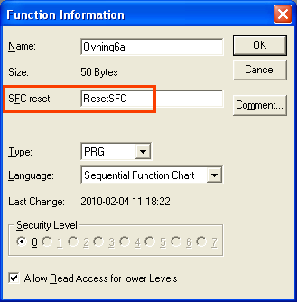 Återställning av sekvens En sekvens återställs genom att aktivera SFC reset signalen