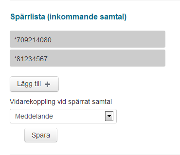 Växel Katalogen inställningar på användare, Växel administratör. Spärrlista (inkommande samtal) Spärrlistan innehåller telefonnummer som aldrig kommer fram.