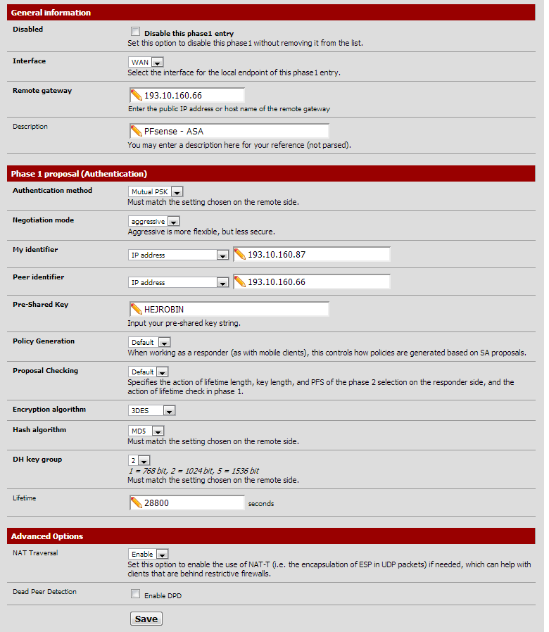 Pfsense Alla interface var konfigurerade med rätt IP-adress i Pfsense så det vi gjorde var att skapa en tunnel mellan de båda brandväggarna.