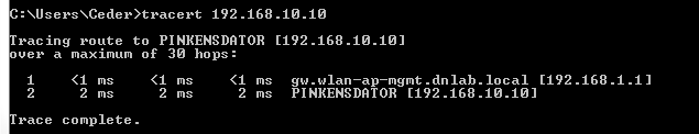Under status ser vi att länken är uppe och fungerar, men det enda sättet att vara säker är att testa anslutningen med hjälp av en tracert. Det funkar!
