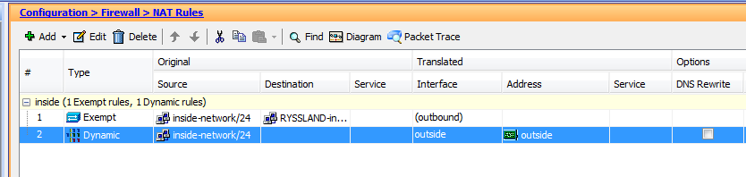 Det funkade! I bakgrunden ser ni reglerna i NAT som säger att trafik från insidan som ska till Site-B-Subnet (Sveriges inside-nät) inte ska NAT:as.