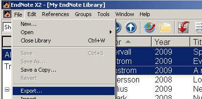 D. Importera fil med flera referenser från EndNote Öppna EndNote och markera alla referenser du vill importera. Välj File > Export eller klicka på Exportknappen.