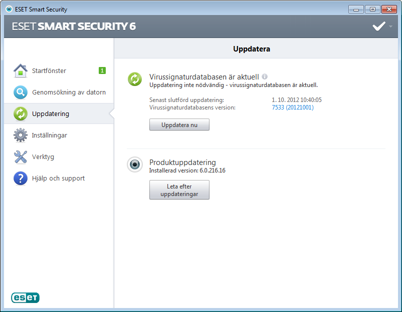 Uppdatering ESET Smart Security levereras med en fördefinierad uppgift för att säkerställa regelbundna uppdateringar (se avsnittet Schemaläggare i produkthandboken).