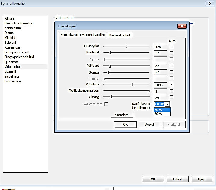 Om bilden flimrar i Lync ändra kamerans Hertz inställning 5. Klicka på videoenhet i vä. meny 6.