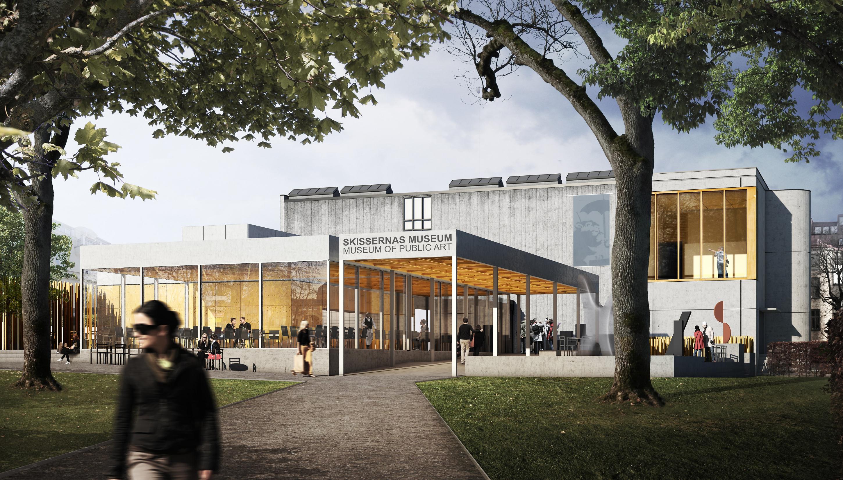 Plattform Vy från Helgonaparken mot nya huvudentrén Promenad mot entrén SKISSERNAS MUSEUM 1. Genom tillbyggnaden vänder museet tydligt sin huvudentré mot Helgonaparken i väster. 2.