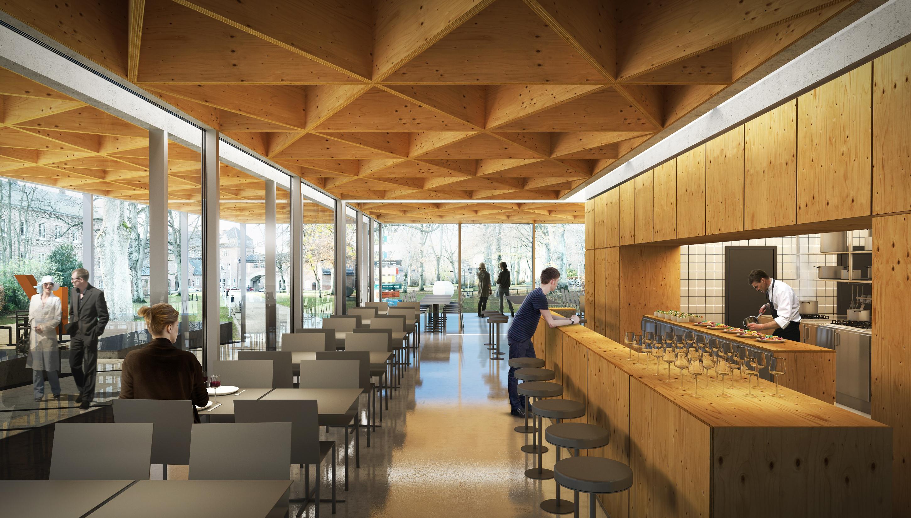 Vy från Skissernas museums nya bar och restaurang med utblick över Helgonaparken Angöring Handikapparkering A Cykelparkering Betongbänk Stiliserad häck Betongbänk Entréhallen ligger strategiskt