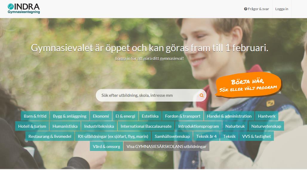 Startsida och webbplats För att logga in på ansökningswebben går du in på www.soktillgymnasiet.se och klickar på Sökande. Du kommer då till nedanstående sida: Klicka på Gör ditt gymnasieval här!