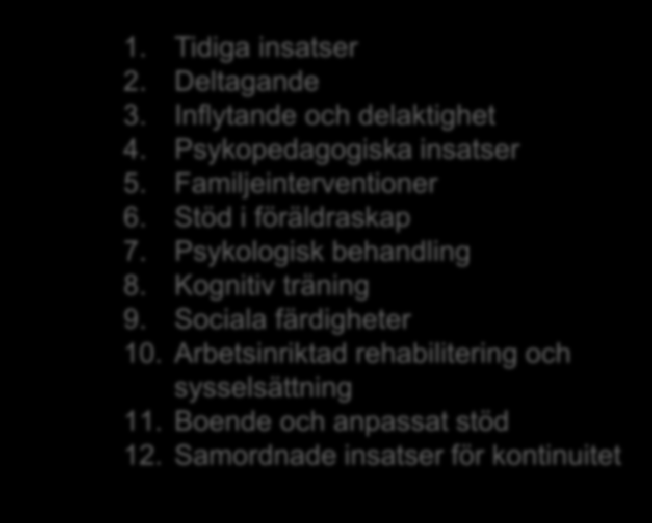 12 områden 1. Tidiga insatser 2. Deltagande 3. Inflytande och delaktighet 4. Psykopedagogiska insatser 5. Familjeinterventioner 6. Stöd i föräldraskap 7.