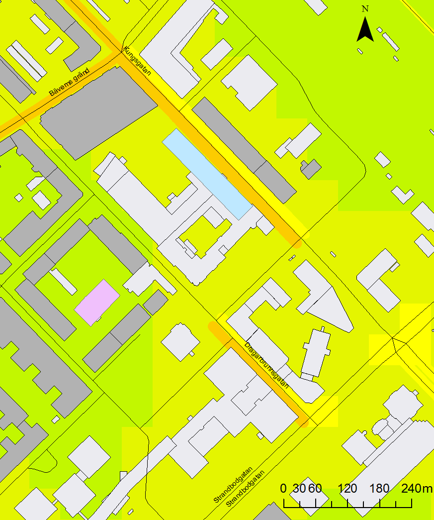 PM10-halter för utbyggnadsalternativet år 2020 Figur 3 visar beräknad medelhalt av partiklar, PM10 under det 36:e värsta dygnet för utbyggnadsalternativet år 2020.