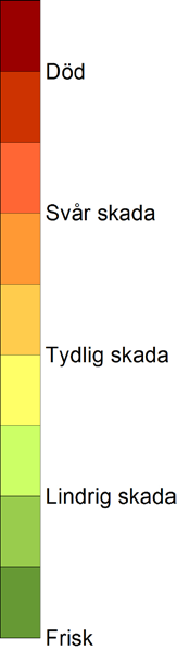 Blåslavens skadeklasser i uppföljningsområdet åren 1992,