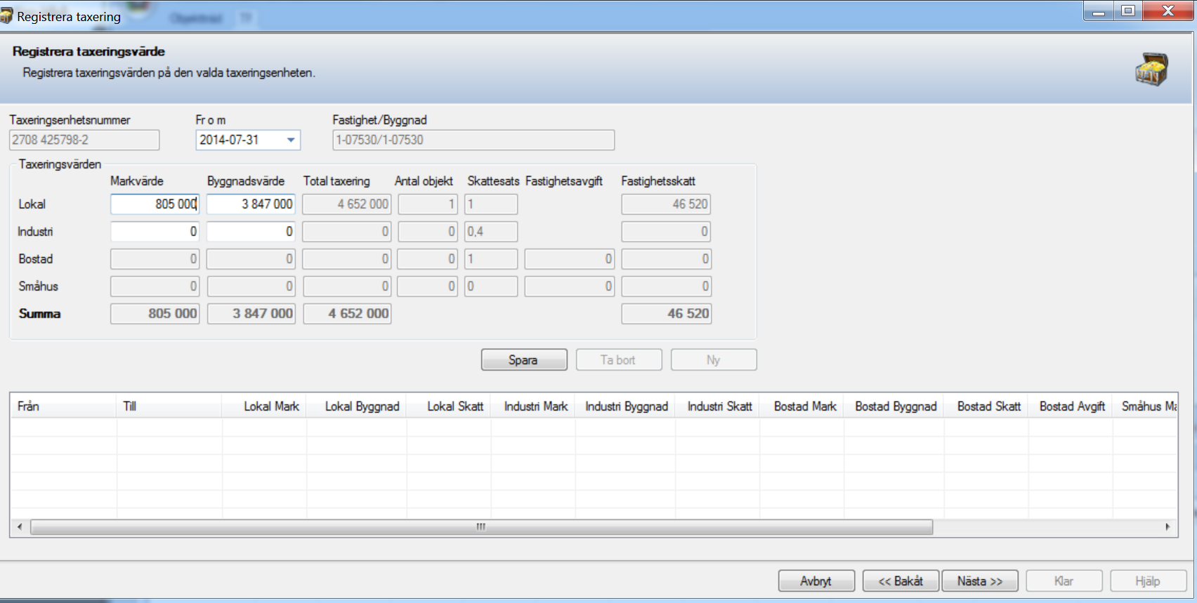 För att kunna lägga in taxeringsvärden för vald fastighet välj Ny så kommer