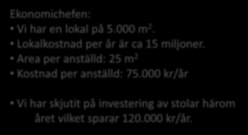 Dagsläge lokaler i Typiskt AB Alla har egna arbetsplatser Cheferna har egna rum Övrig personal arbetar i öppna kontor Lokalerna: Stolar och bord är från flytten 2005 Vi planerade investera i nya