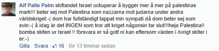 Demonisering och kollektivisering I en rad kommentarer beskrivs Israel som en nazistisk stat som begår samma brott mot palestinierna som Nazityskland begick mot Europas judar.