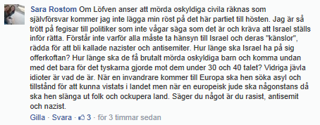 Nedanstående kommentar tycks mena att Israels agerande rättfärdigar angrepp på judar i Malmö.