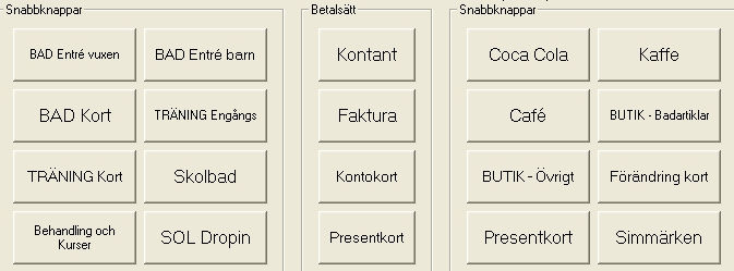 2.1.3.3 Fönstrets mellandel inslagna artiklar I fönstret syns vilken artikel som sålts, vilket PLU den har och priset. Man ser också vad totalsumman av köpet blir. 2.1.3.4 Fönstrets nedre del - snabbknappar och betalsätt F1 F8 Shift + F1 F8 Det är praktiskt att lägga de artiklar som säljs mest på snabbknappar.