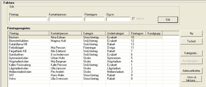 9 Fakturakunder För att komma till fakturakundsregistret klickar man på ikonen Fakturakunder under huvudmenyn Försäljning. I detta register hanteras alla företagskunder som lagts in i systemet. 9.