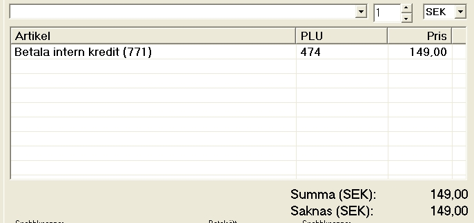 12.26 Betala Intern kredit När kunden vill gå hem går han till kassan och betalar sin skuld. Det sker genom att man säljer artikeln Betala intern kredit.