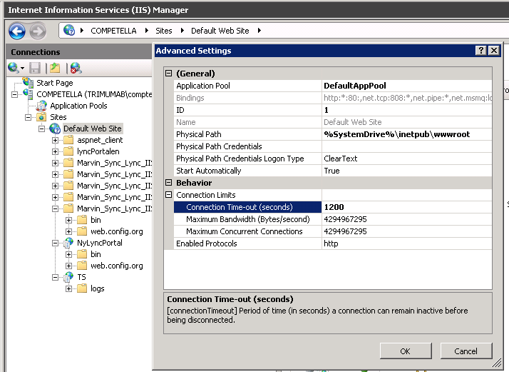 Connection time-out under Default Web Site+.