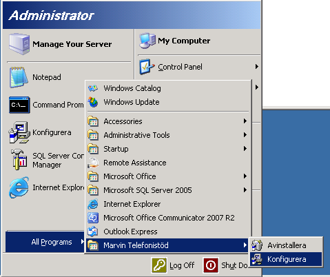 7 Konfigureringsverktyget För att ändra i en befintlig installation startas Marvin TS Config.EXE som lagts under Marvin Telefonistöd, se bilden, när installationen gjordes.