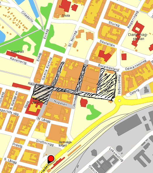 Bilagor Bilaga 1: Kartor Karta över centrala Landskrona: kameraområde (1) Svartmarkerat = område där det förut pågick kameraövervakning, från
