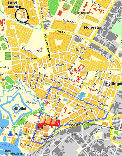 Karta över större delar av Landskrona: Överblick (1) Rödmarkerat = Fem centrala gator.
