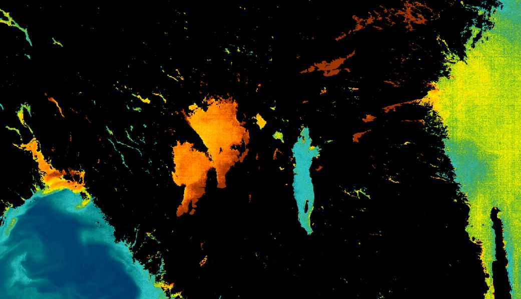 Figur 2. Satellitbaserad klorofylldata från den 4 juni 21. Vättern är en mycket klar sjö som sällan uppvisar några högre koncentrationer i de öppna delarna.