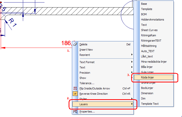 Ändra färg på ritningselement Det finns 2 sätt att snabbt ändra färg på element i 2D-ritningen. Antingen byter man färg för enskilda element som t.ex.