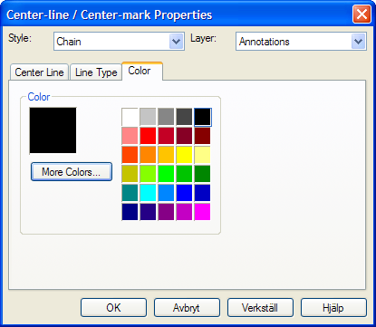 Justera färg för enskilda element, då lagret inte styr färgen Säg att lagret Annotations, som används för en centrumlinje i det här fallet, inte bestämmer färgen för de element som ligger i lagret.