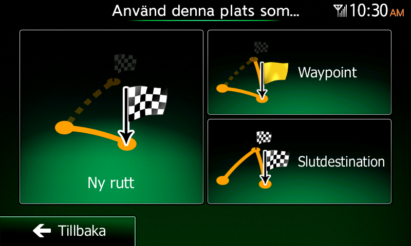 4. Du har följande alternativ på den här bilden (se nästa kapitel för detaljerade instruktioner om hur de används): Peka på för att redigera rutten: för att lägga till eller ta bort destinationer