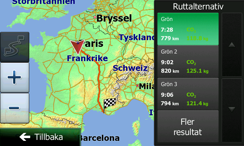 6. Välj något av ruttalternativen och peka på för att gå tillbaka till föregående bild. Clarion Mobile Map beräknar om rutten. Den orangefärgade linjen visar nu den nya rekommenderade rutten. 3.4.