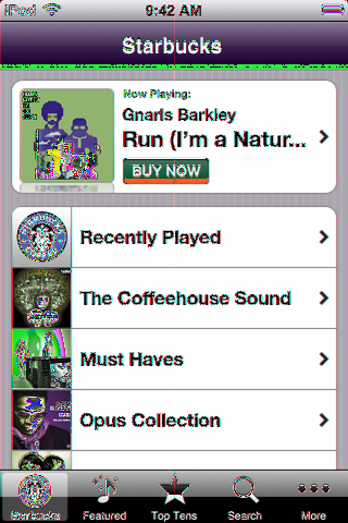 Ta reda på vilken låt som spelas: Tryck på Starbucks. Den låt som spelas visas överst på skärmen. Tryck på låten så visas albumet som låten finns på, tillsammans med de andra låtarna på albumet.