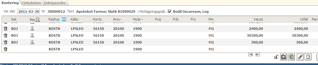 När man godkänt raden kommer man in i fliken Kontering (1) där differensen på 300,00 som man just godkänt automatiskt konterats upp (2).