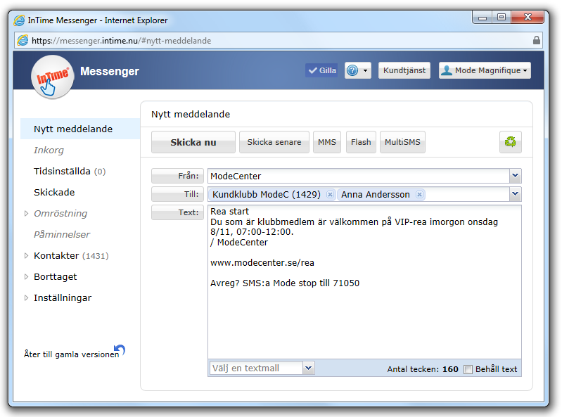 Messenger InTime Messenger användarhandledning Innehåll Allmänt Nytt meddelande Inställningar för nytt meddelande Avsändare (Från) Mottagare (Till) Text och textmallar Tidsinställda meddelanden