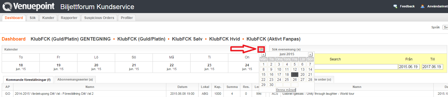 Sedan väljer du det arrangemang, som du gärna vill upprätta en reservation till. Du kan hitta arrangemanget genom att söka på namn eller datum: Dubbelklicka på det arrangemang som du önskar.