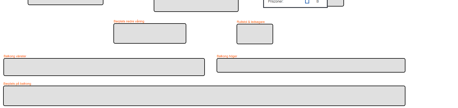 Kör musen över sektionerna för att se, hur många sålda och lediga platser som finns. Klicka på en sektion för att välja den.