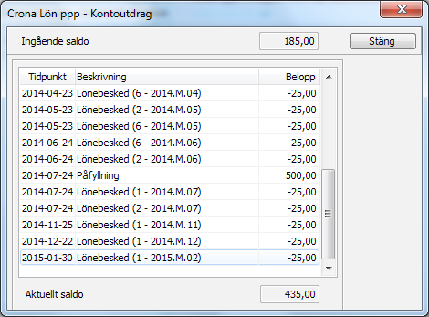 1 Gå till dialogrutan Licensinformation under menyn Hjälp, Licens. 2 Klicka på knappen [Kontoutdrag]. Du kan i kontoutdraget identifiera vilket lönebesked som avses vid varje tillfälle.