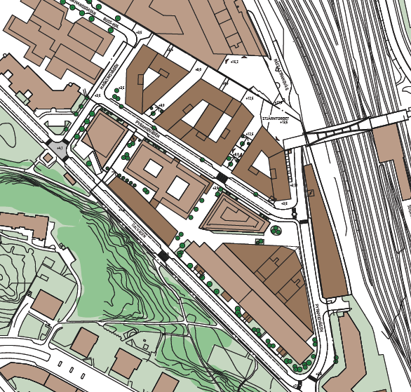 Inom området planeras i huvudsak för kontor med inslag av restauranger och närservice i bottenvåningarna. Vidare planeras för garage under kontorsbyggnaderna.