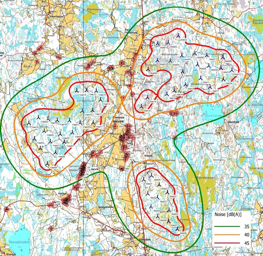 Bild 19. Bullersimulering för Västerviks- och Ömossas vindkraftspark.