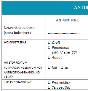 För alla angivna antibiotika måste följande uppgifter lämnas: Namn på antibiotika; Generiskt namn, t.ex.