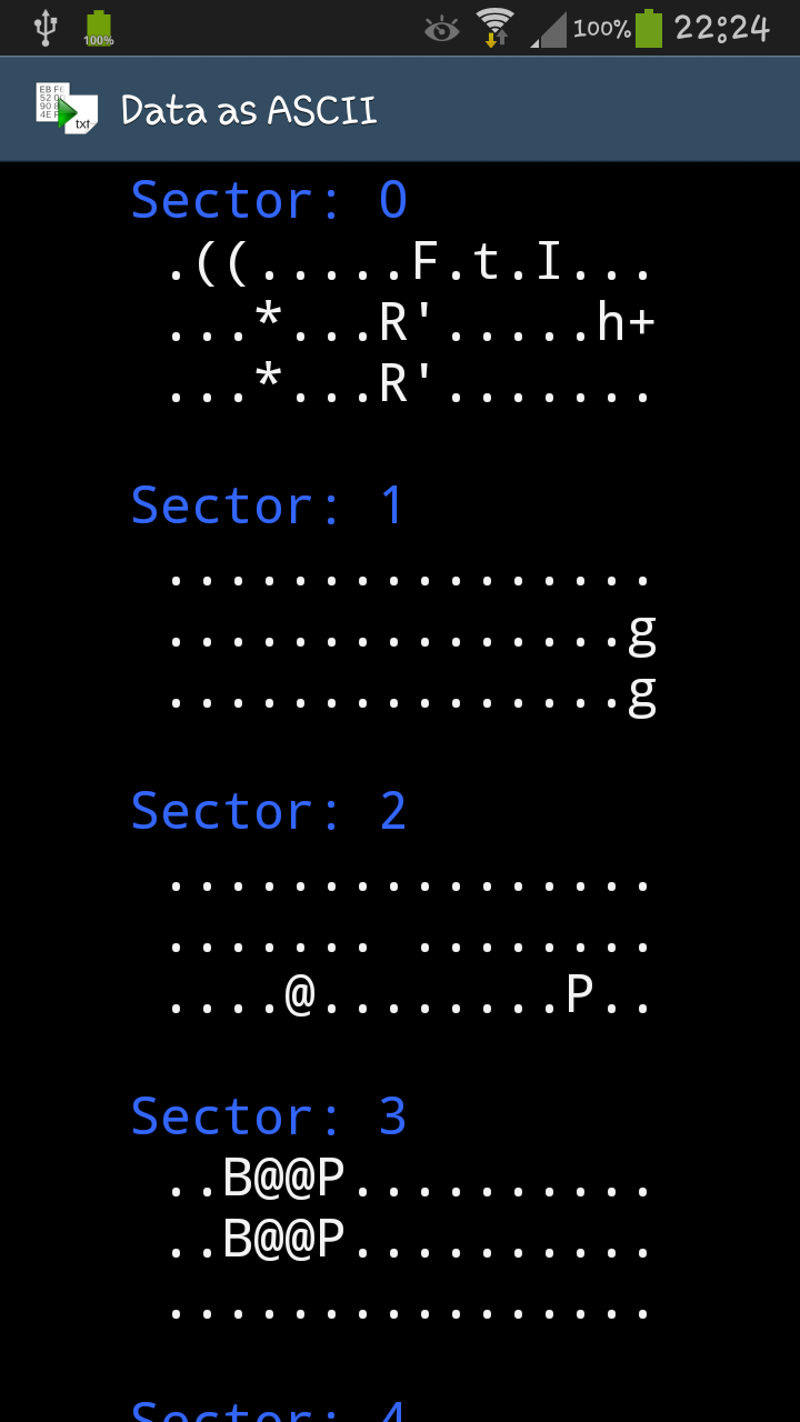 Avläsningarna av kortet gav hexadecimal kod denna kan översättas till ascii-tecken som är den mänskligt läsbar kod. Översättning till ascii gick bra men gav ingen läslig text som jag hoppats på.