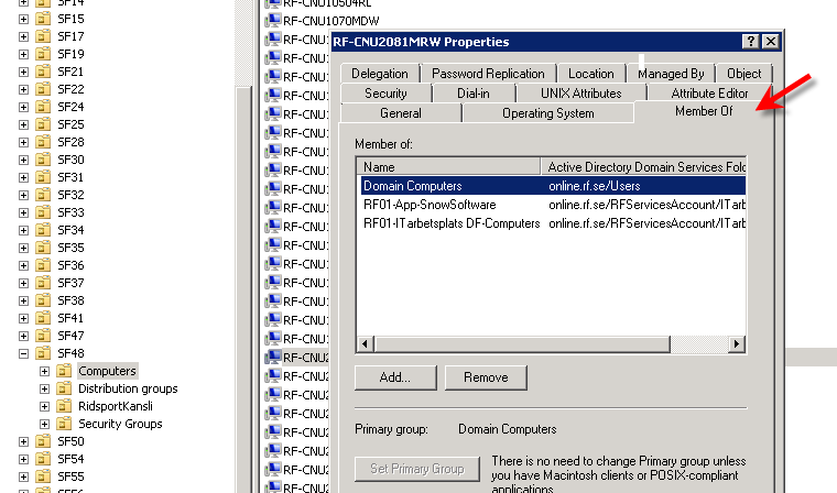 När installationen är klar och datorn ligger under rätt OU ska den läggas till i två grupper: RF01-App-SnowSoftware och RF01-ITarbetsplats DF-Computers OBS, om det är en Windows 8 dator skall den