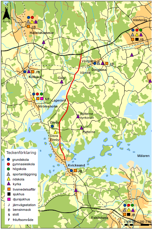 Målpunkter Centrala Eskilstuna respektive Västerås med målpunkter som: högskola gymnasieskolor sjukhus arbetsplatser handel