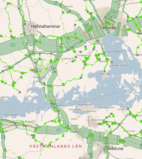 Nuvarande trafikflöden Tung trafik E20 väster om Eskilstuna ÅDT 1 970 fordon Väg 56 vid Kvicksund ÅDT 1 220 fordon Väg 56 vid E18